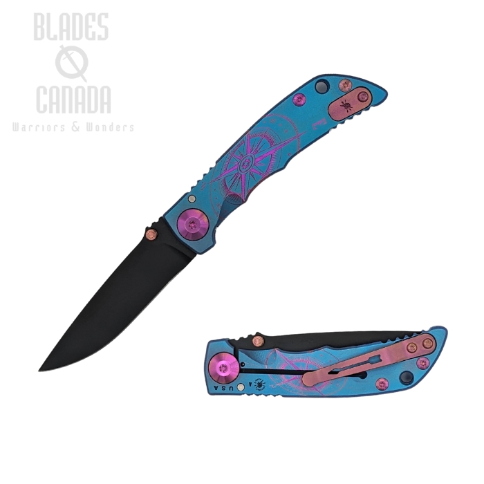 Spartan Blades Harsey Framelock Folding Knife, S45VN Black, Titanium Pink/Blue Compass